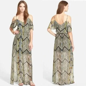 Ella Moss Mazatlan Silk Off Shoulder Slit Silk Sheer Maxi Dress Anthropologie M